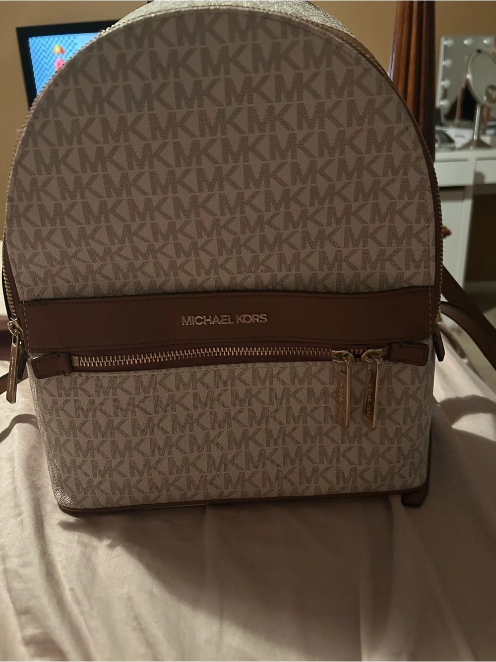 Michael Kors Cream & Brown MK Logo Dome Backpack